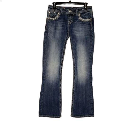 Miss Me Relaxed Bootcut Denim Jeans Blue Rhinestone Pockets Womens Size 26 - Picture 1 of 12